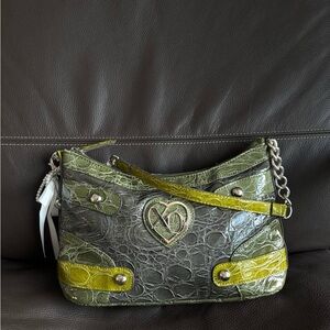 Y2K style XOXO Olive and Mustard Croc-Pattern Shoulder Bag